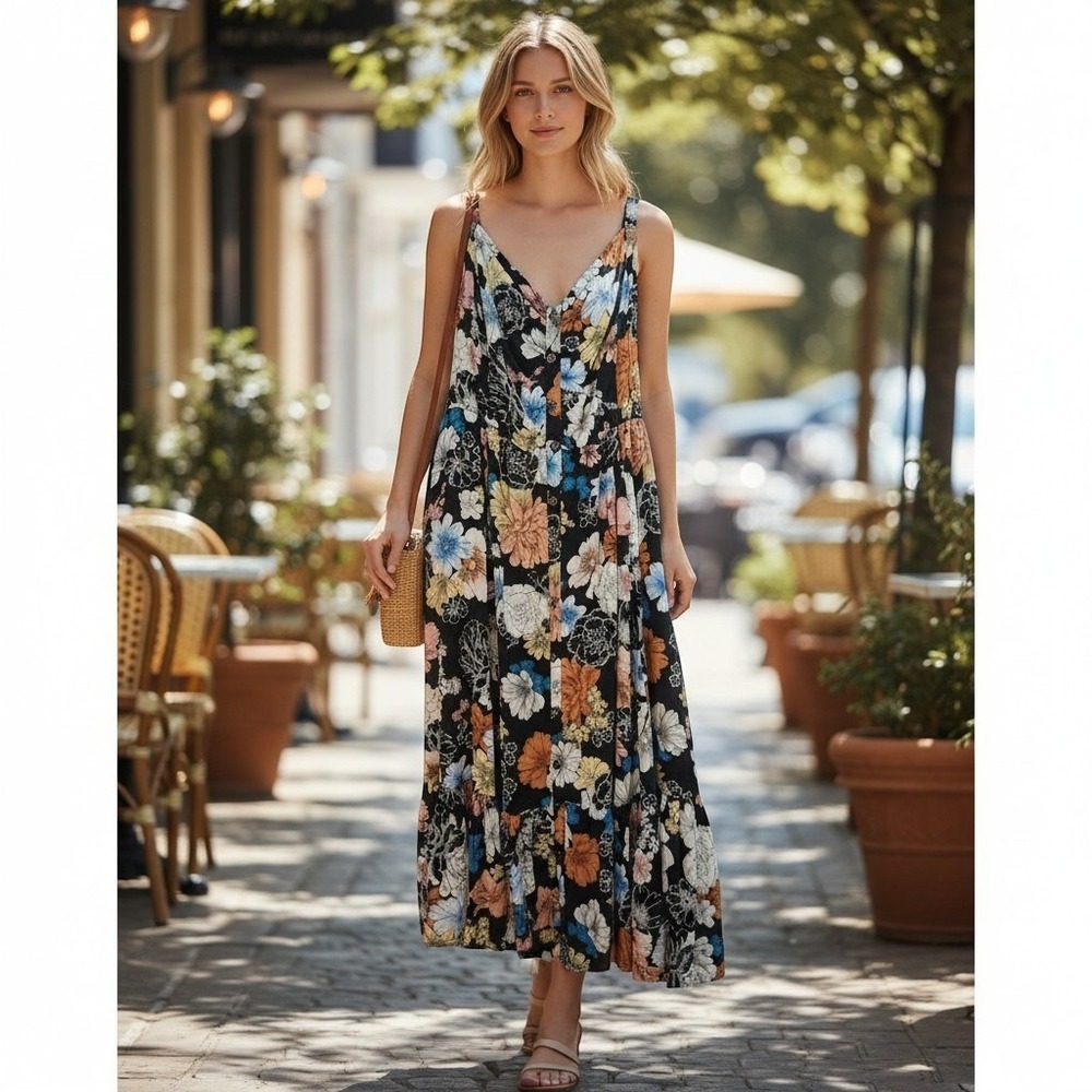 Torrid Floral Maxi Dress Womens 2 Black Button Front Smocked Rayon Summer Boho